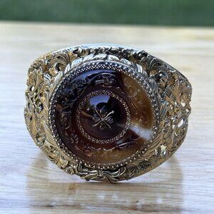 VTG Whiting Davis Hinged‎ Bracelet 6.25 Medallion Floral Glass Gold Plated Rare